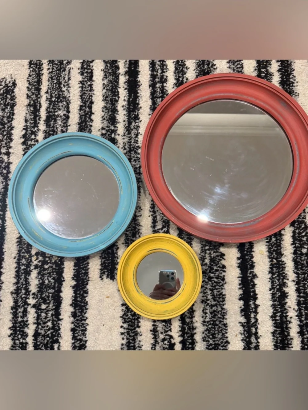 Set of Three Rustic Round Wall Mirrors in Red, Blue & Yellow